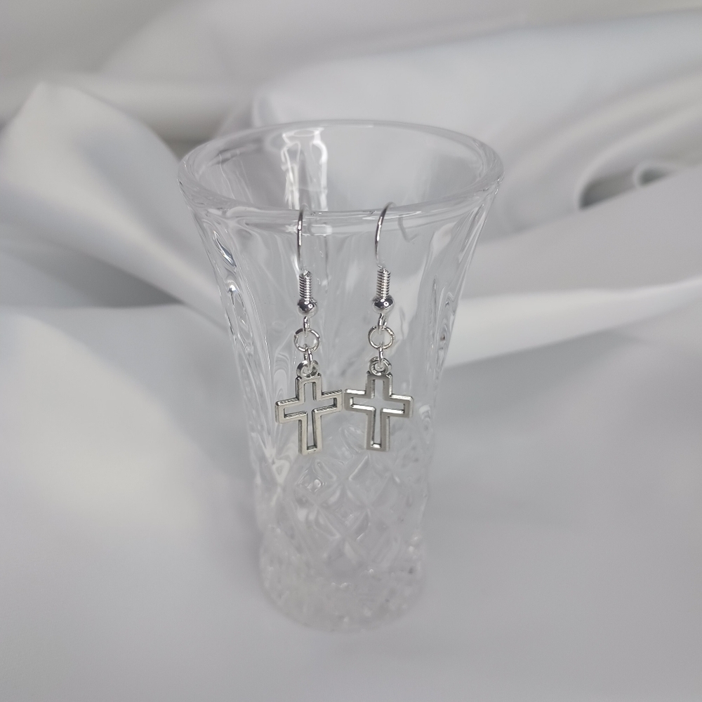 Silver Cross Outline Earrings.